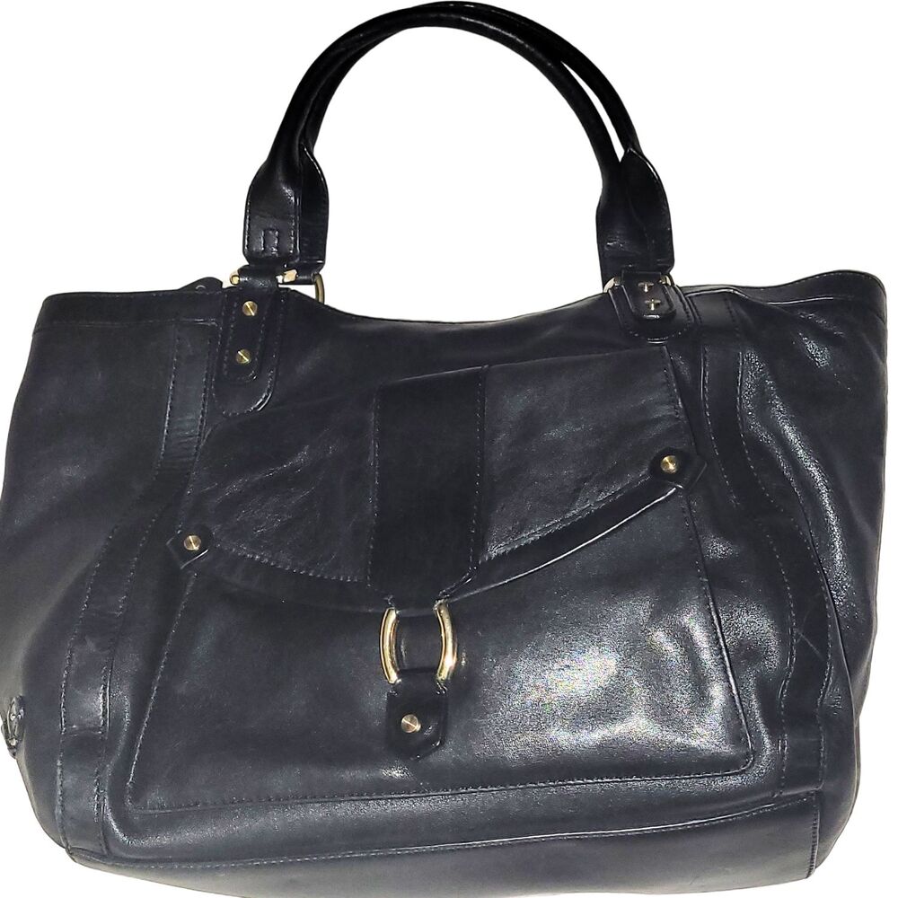 Cole Haan Black Leather Satchel Handbag Gold Hardware Magnetic Close Front Flap